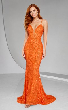Orange Sequined V-Neck Spaghetti Mermaid Floor-Length Sweep Split Luxury Prom Gown