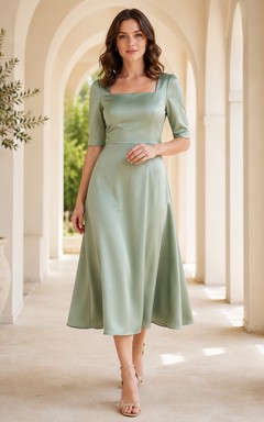 Modest Sage Tea-Length Satin A-Line Square Neck Half Sleeve Dress