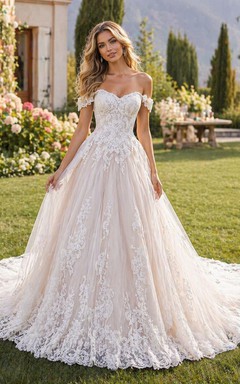 Off-the-shoulder A-line Floor-length Chapel Train Sleeveless Lace Tulle Princess Wedding Dress with Lace-up Back