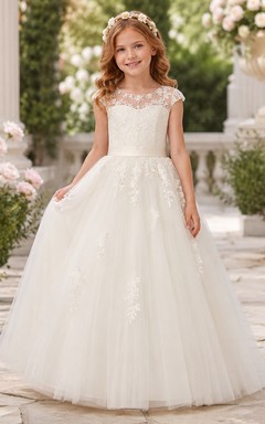 Elegant Flower Girl A-Line Tulle Lace Jewel Neck Cap Sleeve Floor-Length Applique Dress