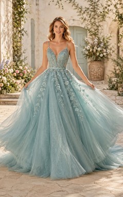 Sky Blue Spaghetti Lace Glitter Tulle Ball Gown Chapel Train Wedding Dress