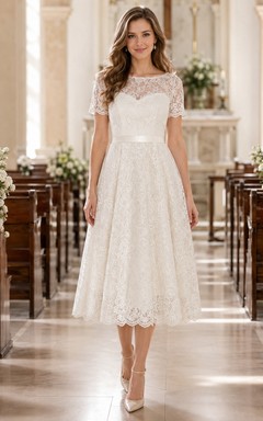 Vestido midi de encaje color marfil con efecto ilusión y corte barco, ideal para invitadas a bautizo.