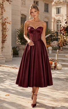 Vestido de fiesta largo hasta la rodilla de satén color burdeos sin tirantes con escote corazón y corsé.