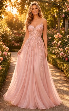 Ballkleid aus rosafarbener Spitze und Tüll, A-Linie, Spaghettiträger, Applikationen, bodenlang