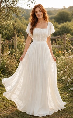 Square Neck Cap Sleeve Chiffon A-Line Country Wedding Dress
