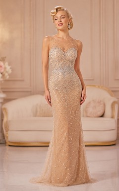 Vintage Champagne Beaded Spaghetti Strap Sheath Evening Gown