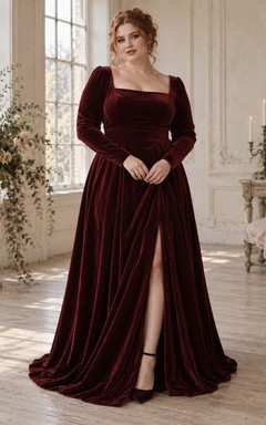 Plus Size Brautjungfernkleid aus bordeauxrotem Samt mit eckigem Ausschnitt, langen Ärmeln und Gothic-Flair, mit Schlitz