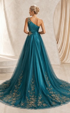Goldbesticktes, dunkelgrünes Ballkleid aus Satin mit Puffärmeln und Puffärmeln – Luxus-Hochzeitskleid