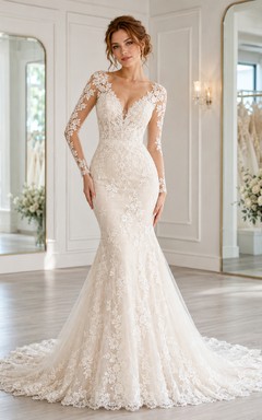 Lace Wedding Dress Mermaid V-Neck Long Sleeve Chapel Train Bridal Gown