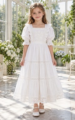 Victorian White Square Neck Puff Sleeve Tiered Flower Girl Dress