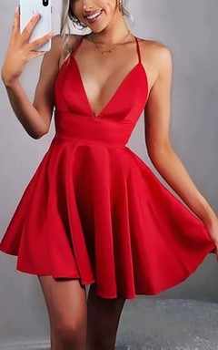 Sexy Red Spaghetti Plunged Empire A-line Short Cocktail Dress