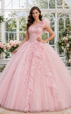 Zartrosa, schulterfreies Ballkleid mit Puffärmeln aus Tüll und Blumenmuster für Quinceañeras