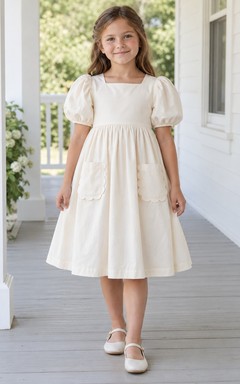 Simple Cream Square-neck Short Puff Sleeves Gathered Tall-pocket Button-back Flower Girl Dress