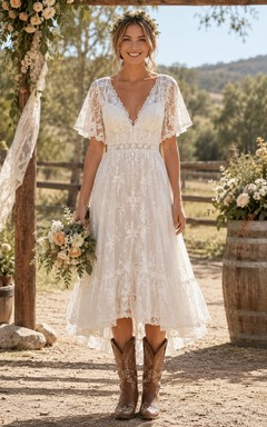 High-Low Boho Lace Country Wedding Dress with Flutter Sleeves