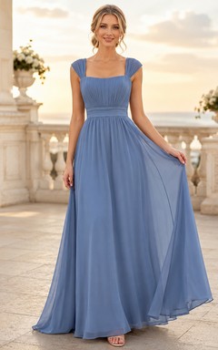 Stahlblaues Chiffon-Abendkleid in A-Linie mit eckigem Ausschnitt