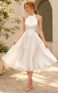 Sunlit Midi White A-Line Tea-Length Halter Sleeveless Satin Elegant Cocktail Dress