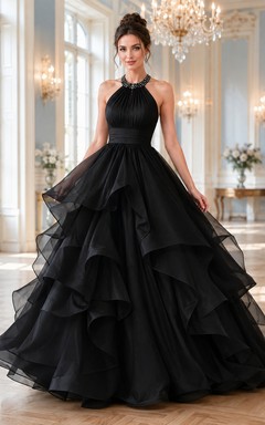 Vestido de fiesta largo hasta el suelo, negro, sin mangas, de organza y tul con volantes en cascada, estilo Keykole.