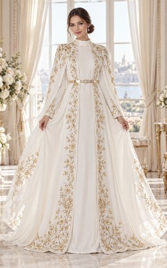 Modest Long Sleeve High Neck Gold Embroidered Abaya Wedding Dress