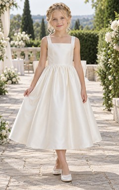 Tea-length Square Neck Simple Ivory A-line Satin Sleeveless Bow-back Flower Girl Dress