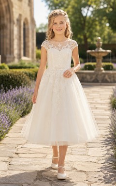 Robe de communion en tulle à manches courtes effet bateau, style jardin