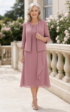 Elegantes, dreiviertellanges Chiffon-Kleid in Altrosa mit A-Linien-Ausschnitt und Teelänge – perfekt für die Großmutter der Braut