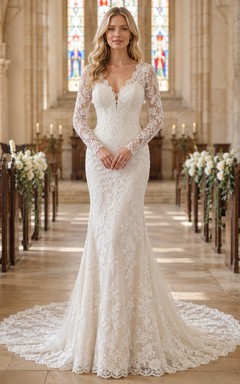 Romantisches Meerjungfrauen-Brautkleid mit langen Ärmeln aus Spitze
