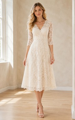 Ivory V-Neck Three-Quarter Lace Sleeve A-Line Tea Guest Dress Garden