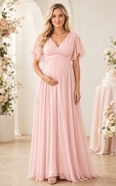 Maternity Empire Formal V-neck Flutter Sleeve Chiffon Floor-length Dress