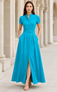 Vestido formal largo hasta el suelo de gasa turquesa sencilla con mangas cortas y corte en A.