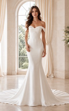 Modern Satin Off shoulder Short Mermaid Sweep Pleats Classic Reception Wedding Dress