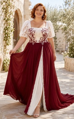 Burgunderfarbenes, florales Brautkleid in Übergröße, A-Linie, eckiger Ausschnitt, kurze Ärmel, Schleppe/Bürstenschleppe, romantisch-elegant