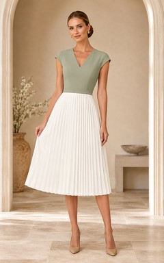 Sage Colorblock Chiffon V-Neck Short-Sleeve A-Line Tea-length Pleated Cocktail-Dress