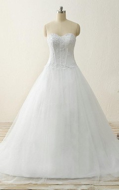A-Line Ball Gown Floor-Length Straps Sweetheart Beading Appliques Sweep Train Corset Back Straps Tulle Lace Satin Dress