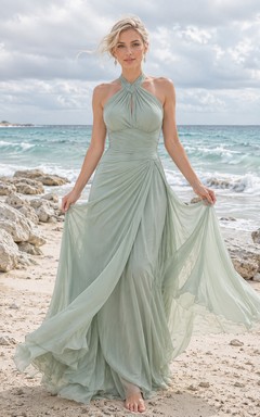 Sage Halter Ruched Chiffon Beach Bridesmaid Elopement Dress