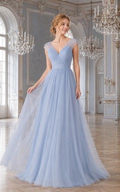 Formal Ballroom Sky Blue Romantic Elegant A-Line Tulle Bridesmaid Dress with V-Neck Sleeveless Floor-Length Low Back