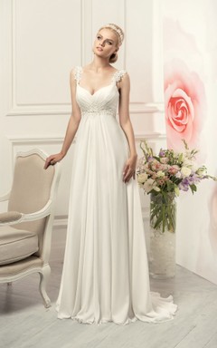 Robe fourreau sans manches à bretelles longues, dos corset empire, en mousseline avec bijoux de taille et plis