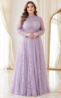Elegant Lavender V-neck Long Sleeve A-line Lace Formal Evening Dress