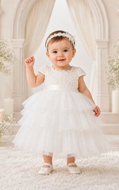 Layered Tulle Baby Baptism A-Line Cap Sleeve Tiered Dress Romantic Adorable Lace