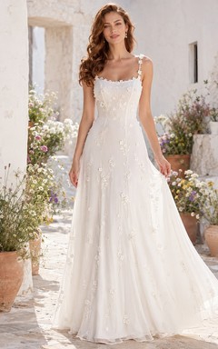 Romantic White Floral Lace Straps Sleeveless Tulle A-Line Sweep Train Dress