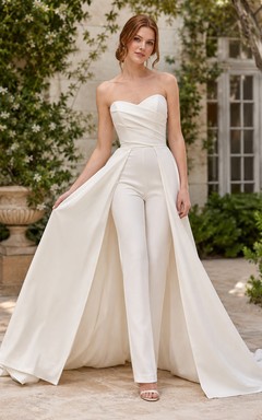 Minimalist Satin Wedding Jumpsuit Strapless Sweetheart Sweep Train