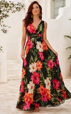 Black Hibiscus V Neck Sleeveless Resort Maxi Dress