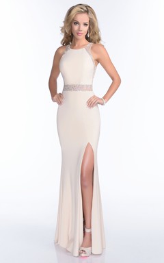 Mermaid Jersey Side Slit Sleeveless Prom Dress With Crystal Embroidery And Illusion Back