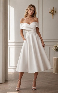 Elegantes schulterfreies Empire-A-Linien-Brautkleid aus Satin in Teelänge