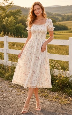Lässiges, kurzärmeliges, teelanges Sommerkleid aus floraler Spitze im Landhausstil