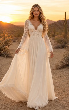 Boho V Neck Bell Sleeve Desert Elopement Bridal Gown