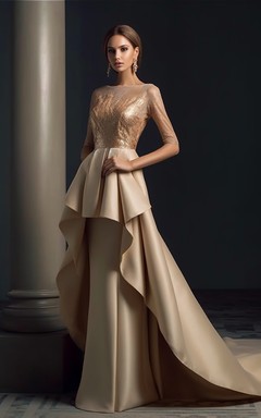 Vestido de novia de corte recto, manga corta y escote barco color champán con peplum.
