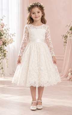 Vestido de niña de flores de manga larga, estilo modesto, color marfil, con estampado floral, corte en A y lazo en la espalda.