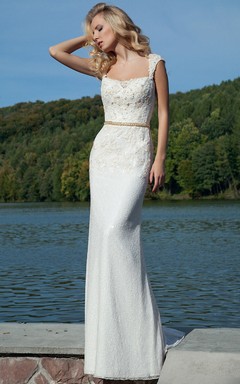 Pencil Appliqued Sleeveless Long Queen-Anne Lace Prom Dress With Illusion Back