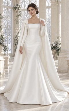 Mermaid Simple Long Sleeve Square Neck Winter Structured Satin Cape Wedding Dress