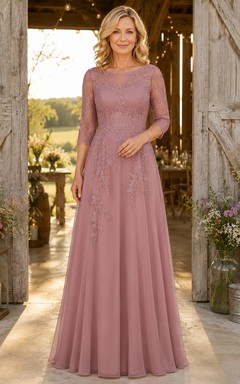 Mutterkleid aus altrosafarbenem Chiffon mit U-Boot-Ausschnitt und langen Ärmeln